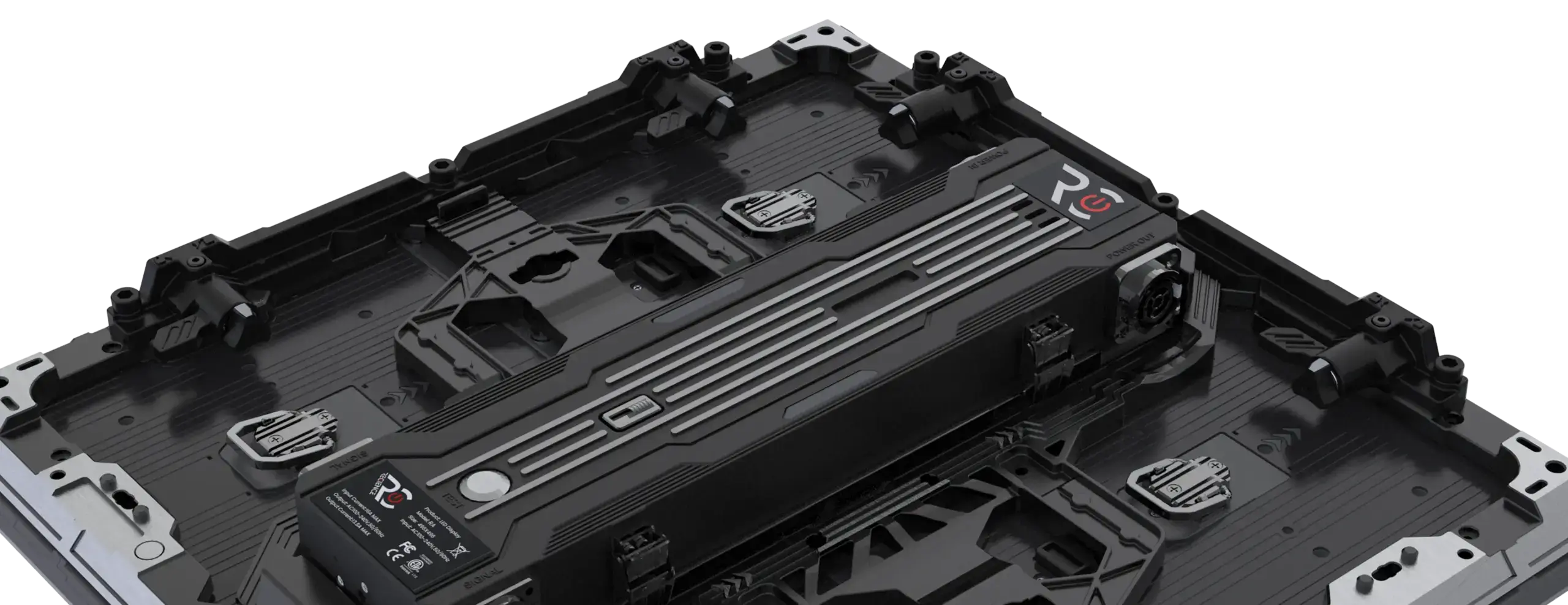 Close-up of a black computer motherboard featuring a large, rectangular heatsink with silver accents and "PG" branding. The surrounding area includes multiple mounting points and slots, all set against a plain white background.